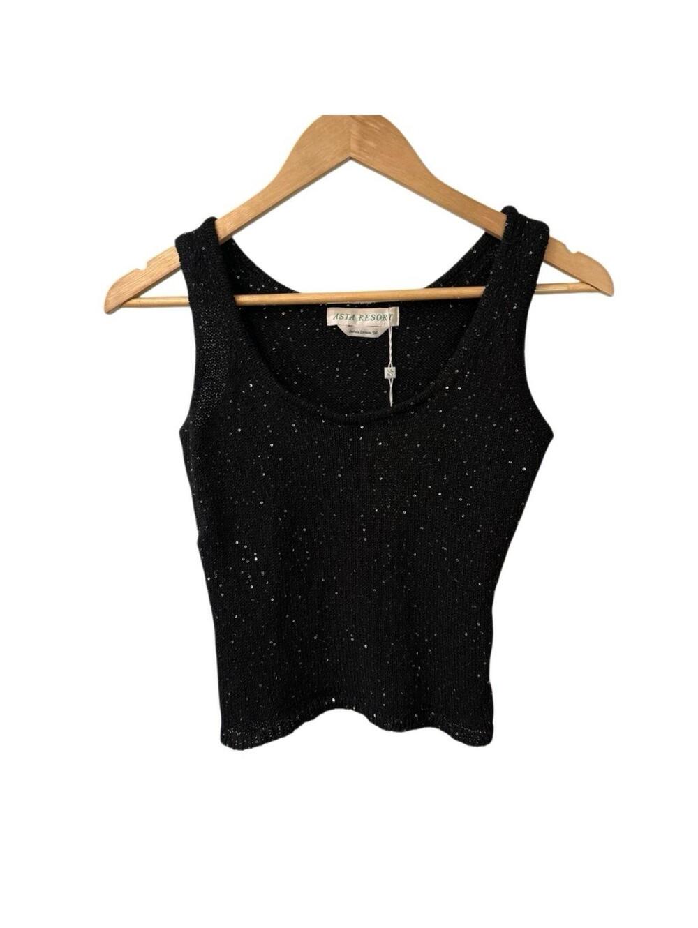 ASTA RESORT Ana Top Size Small In Black Silver Sequin Knit Slightly Cropped NWT